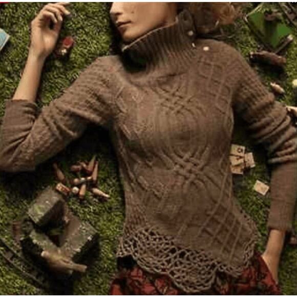 Anthropologie Moth Brown Turtleneck Cowl Wool Sweater Small Crochet Boho - Picture 2 of 11